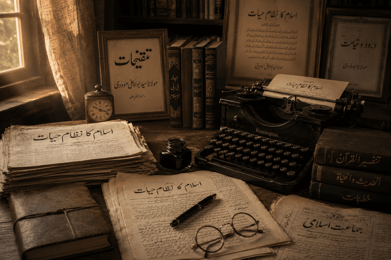 Vintage study desk with typewriter, newspapers, and scholarly books