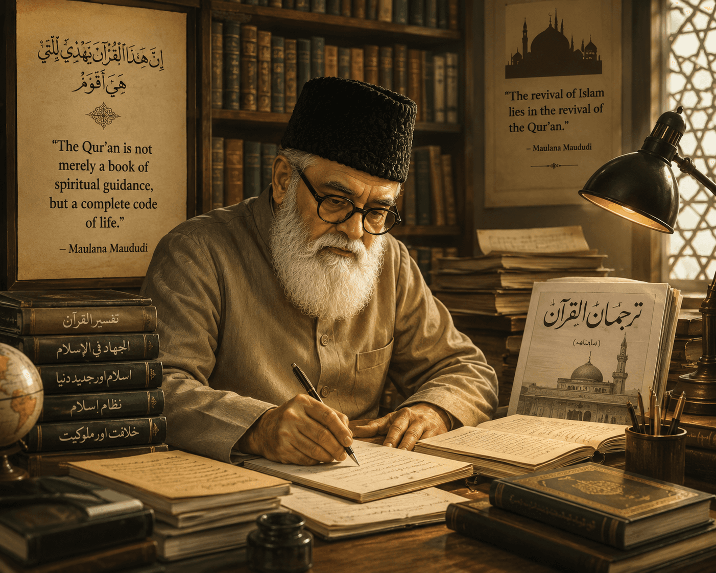 Sayyid Abul A'la Maududi writing at his desk surrounded by books and Tarjuman al-Qur'an